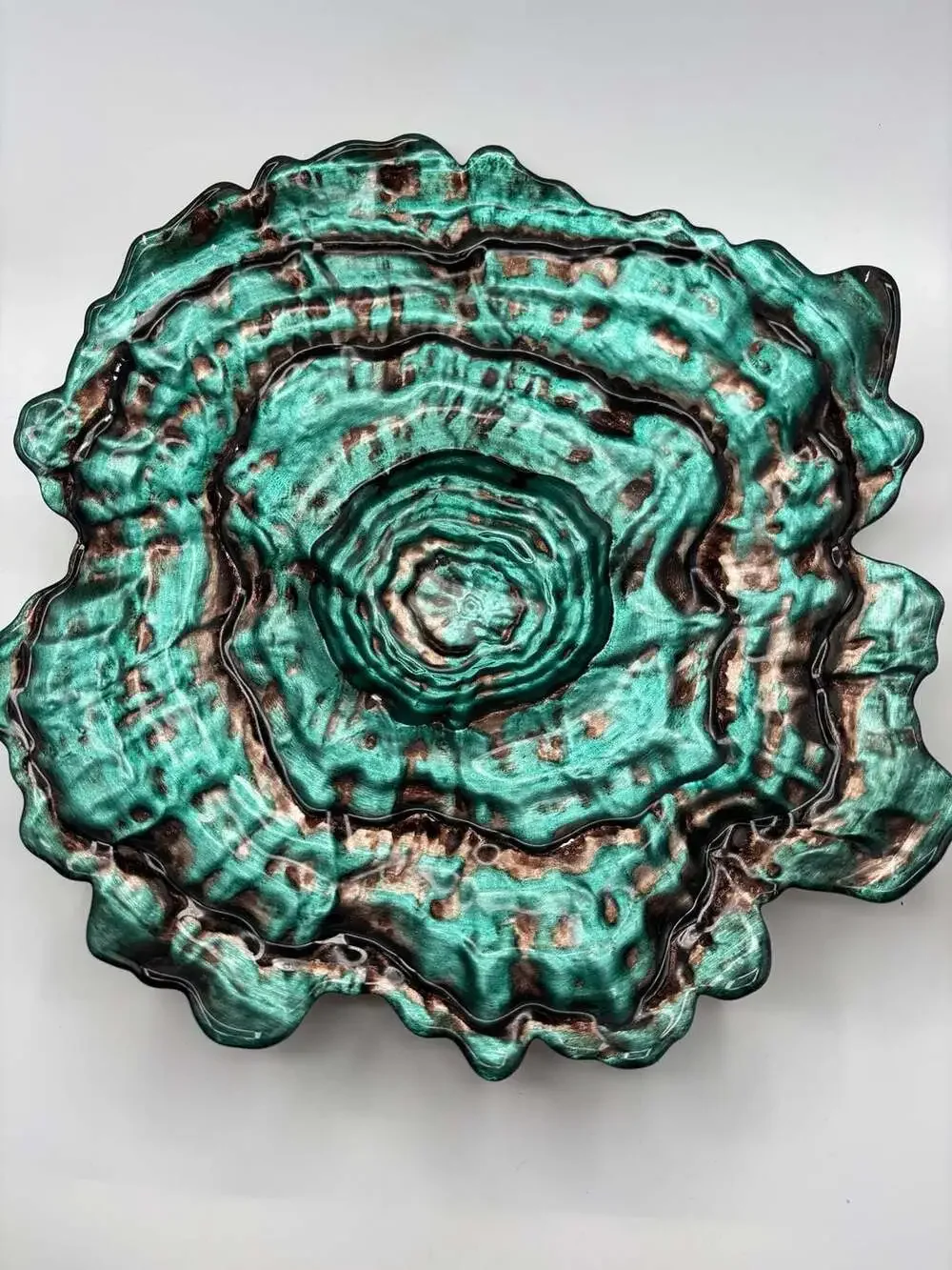 Gorgeous Glass Oyster Bowl Iridescent Teal and Copper Centerpiece 14 Inch